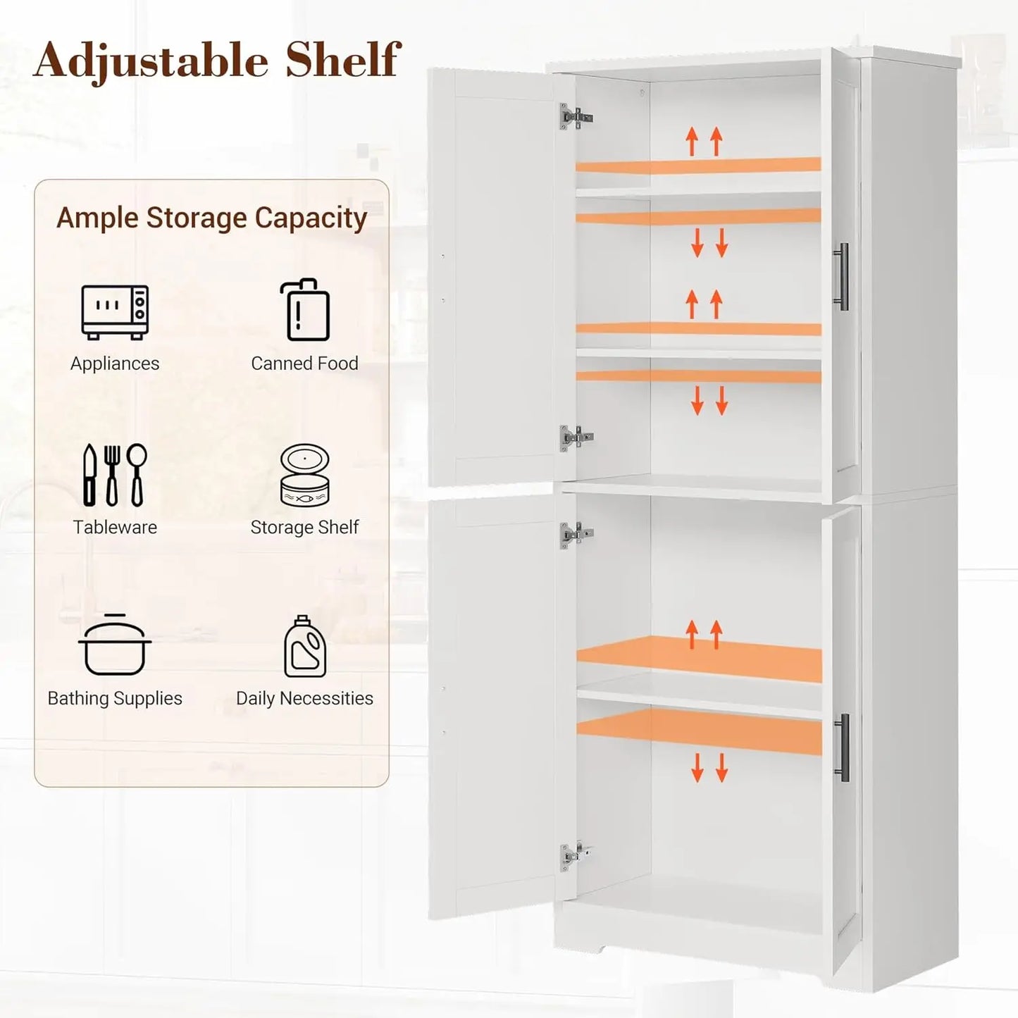 Studyset Tall Kitchen Pantry Cabinet With 4 Doors Adjustable Shelves