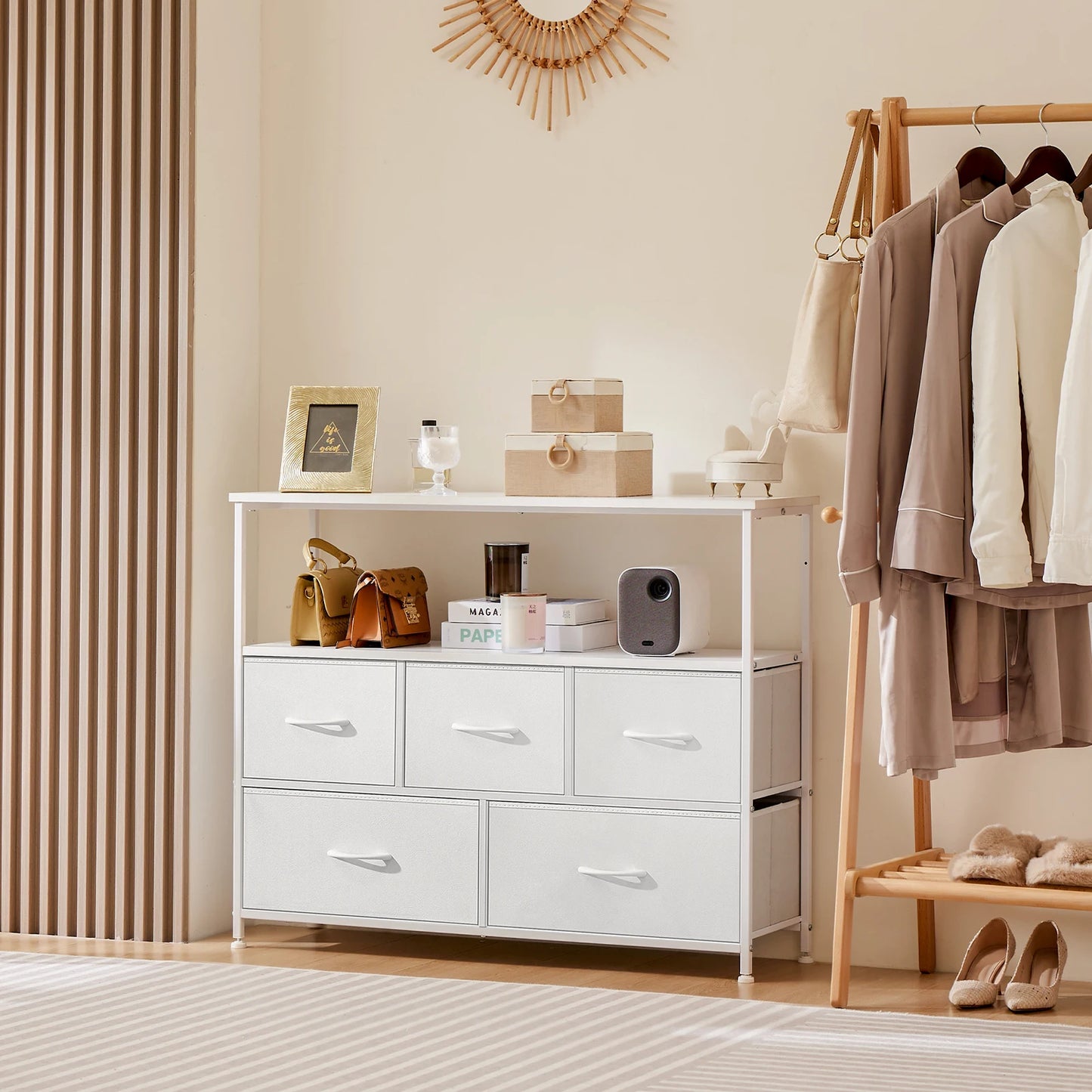 JHK Shoe Cabinet Dresser With Five Fabric Drawers And TV Stand