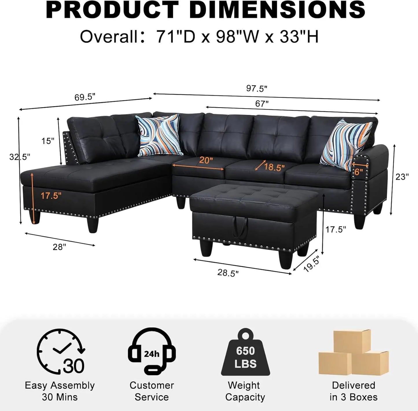 Sectional Sofa L-Shaped Set With Chaise Lounge And Ottoman Pillows
