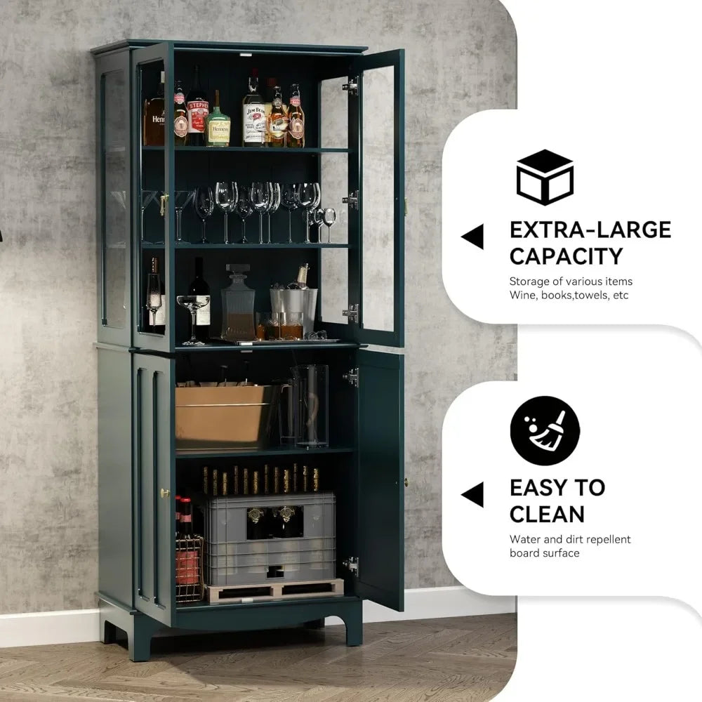 Freestanding Kitchen Pantry Cabinet With Glass Doors And Adjustable Shelves
