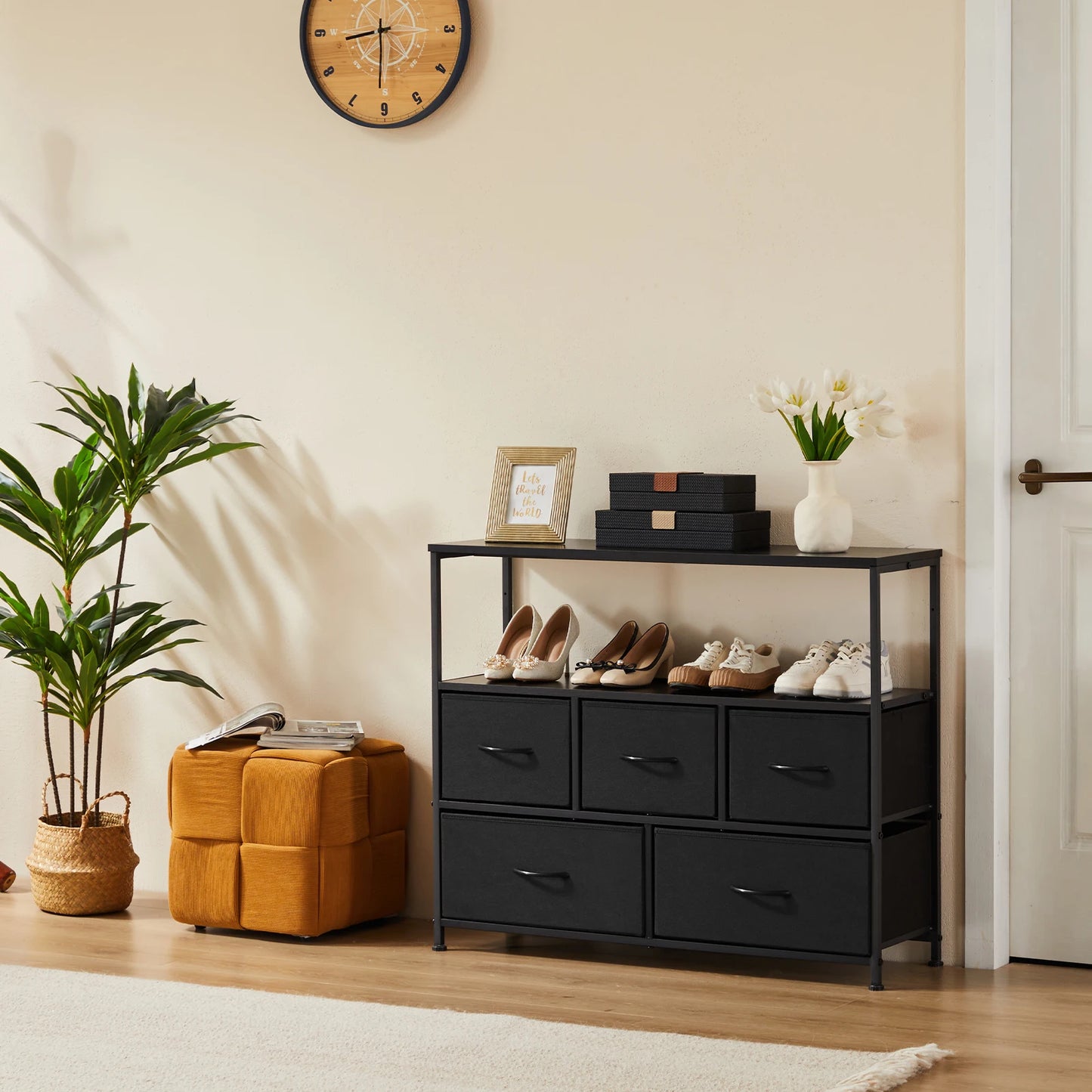 JHK Shoe Cabinet Dresser With Five Fabric Drawers And TV Stand