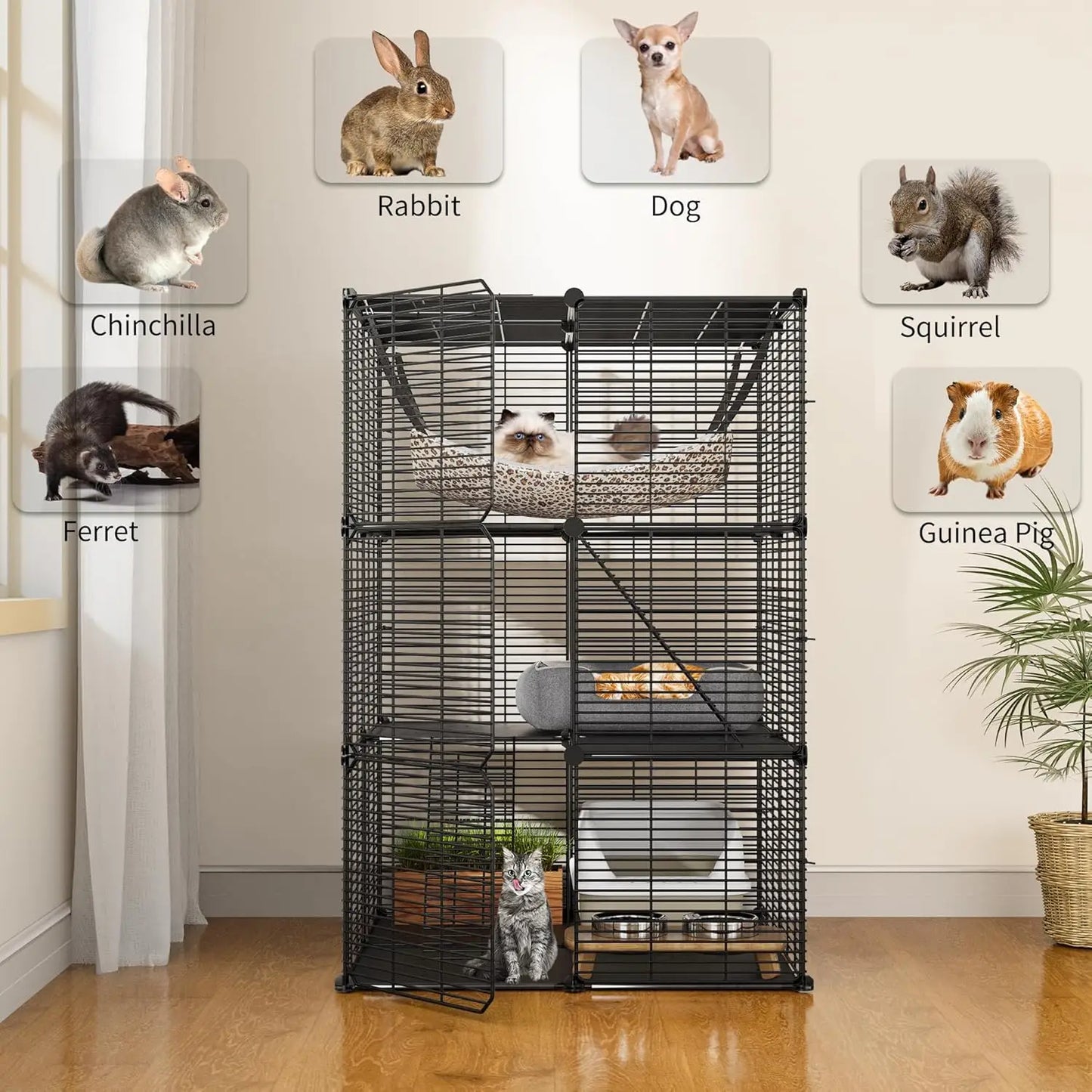Indoor Pet Enclosure DIY Playpen Metal Kennel With Hammock Cats