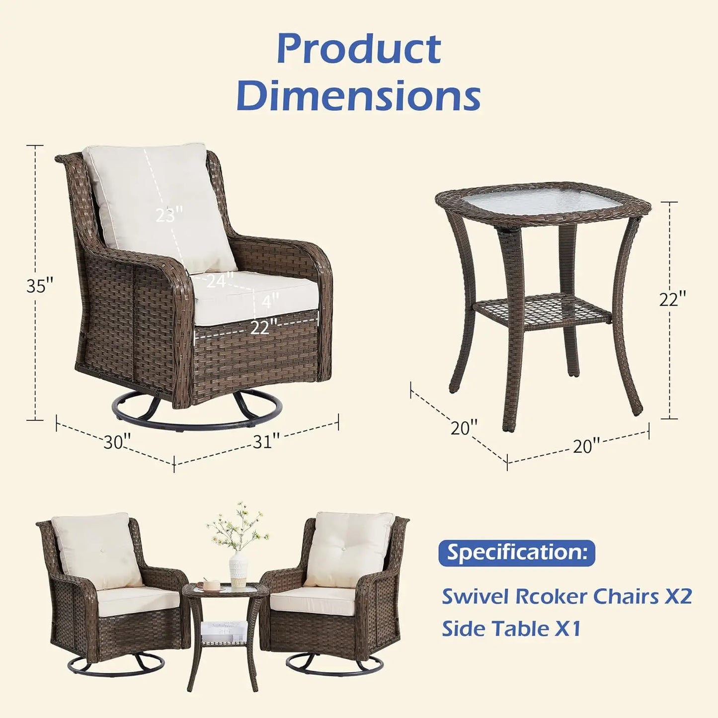 360 Swivel Patio Set Wicker Chairs And Side Table Outdoor