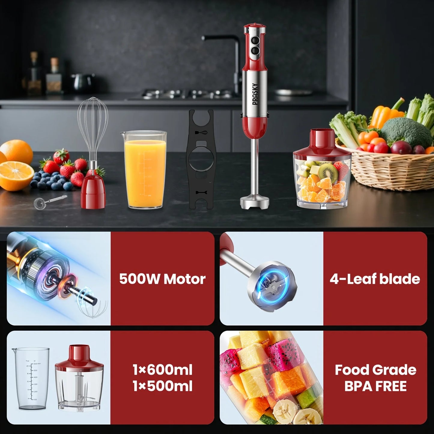 Prasky 5-In-1 Handheld Immersion Blender With Whisk And Chopper