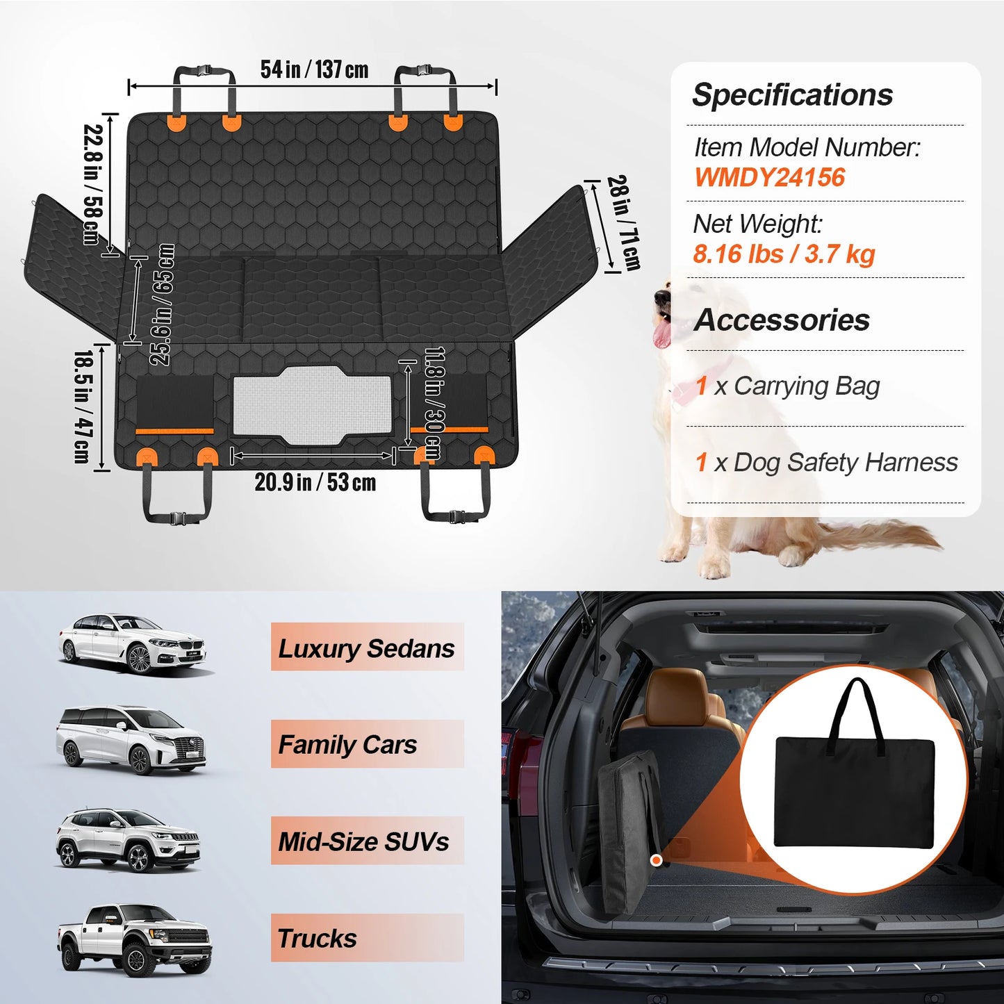 SucceBuy Back Seat Extender Dog Car Cover With Mesh Window Storage Pocket