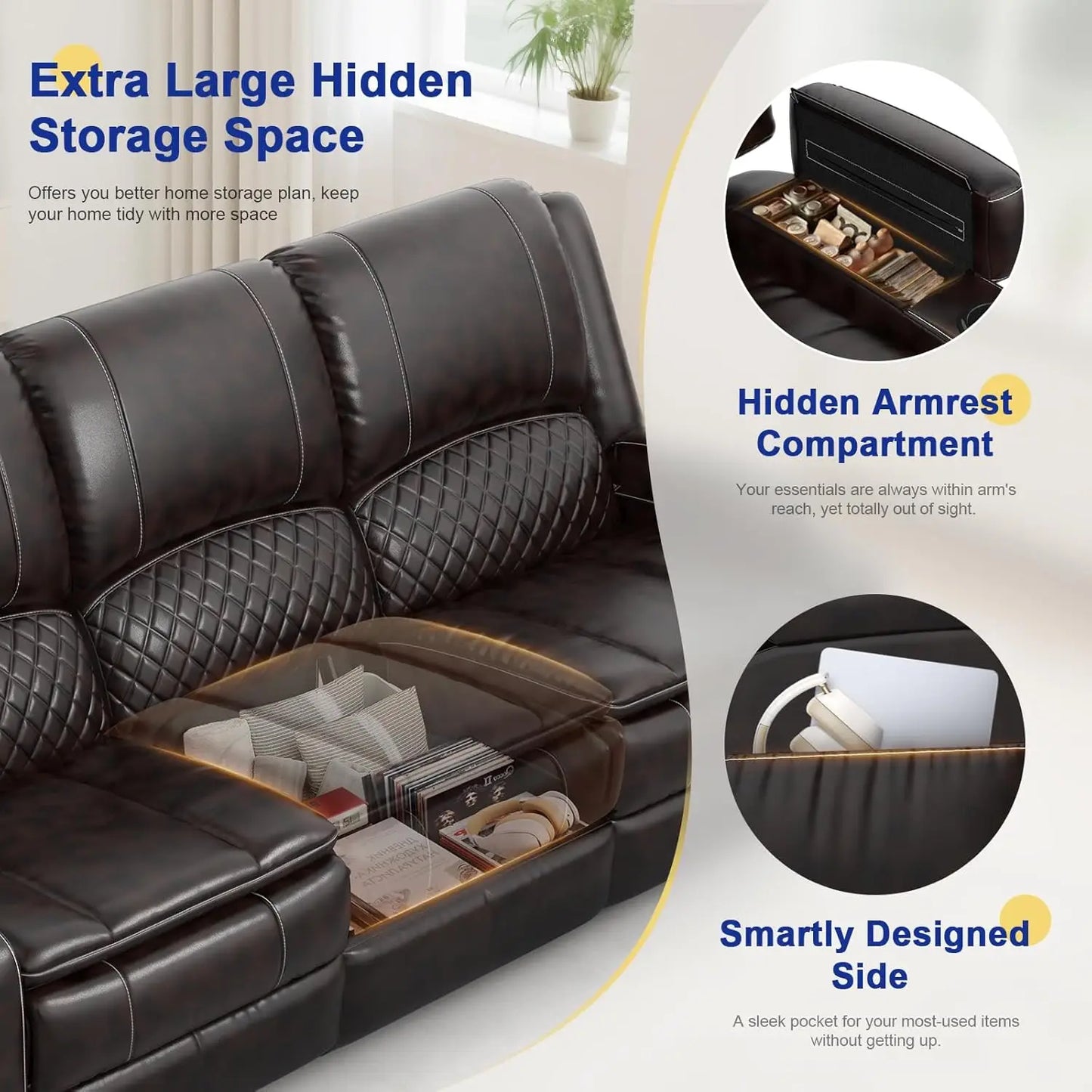 Three Seat PU Leather Recliner Sofa With Console And USB Ports