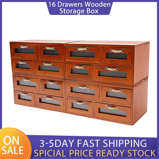 Walnut Wood 16 Drawer Desktop Storage Organizer With Label Holders