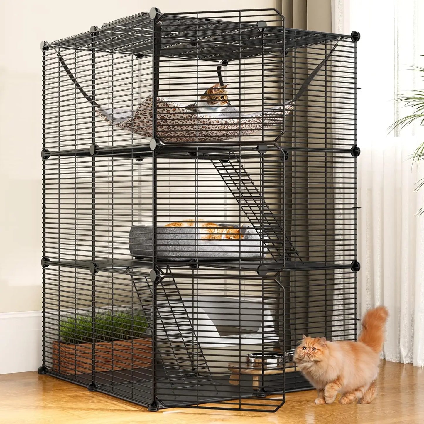 Indoor Pet Enclosure DIY Playpen Metal Kennel With Hammock Cats