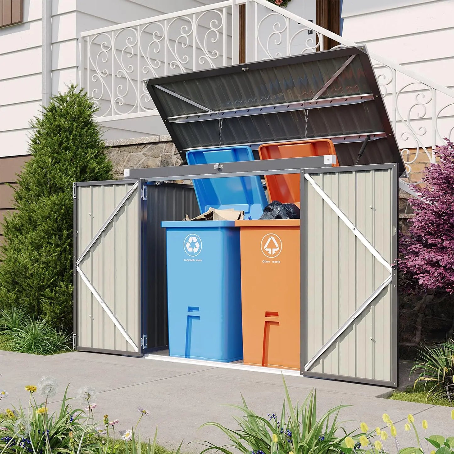 Metal Outdoor Storage Shed With Chain Lid Waterproof Garbage Organizer