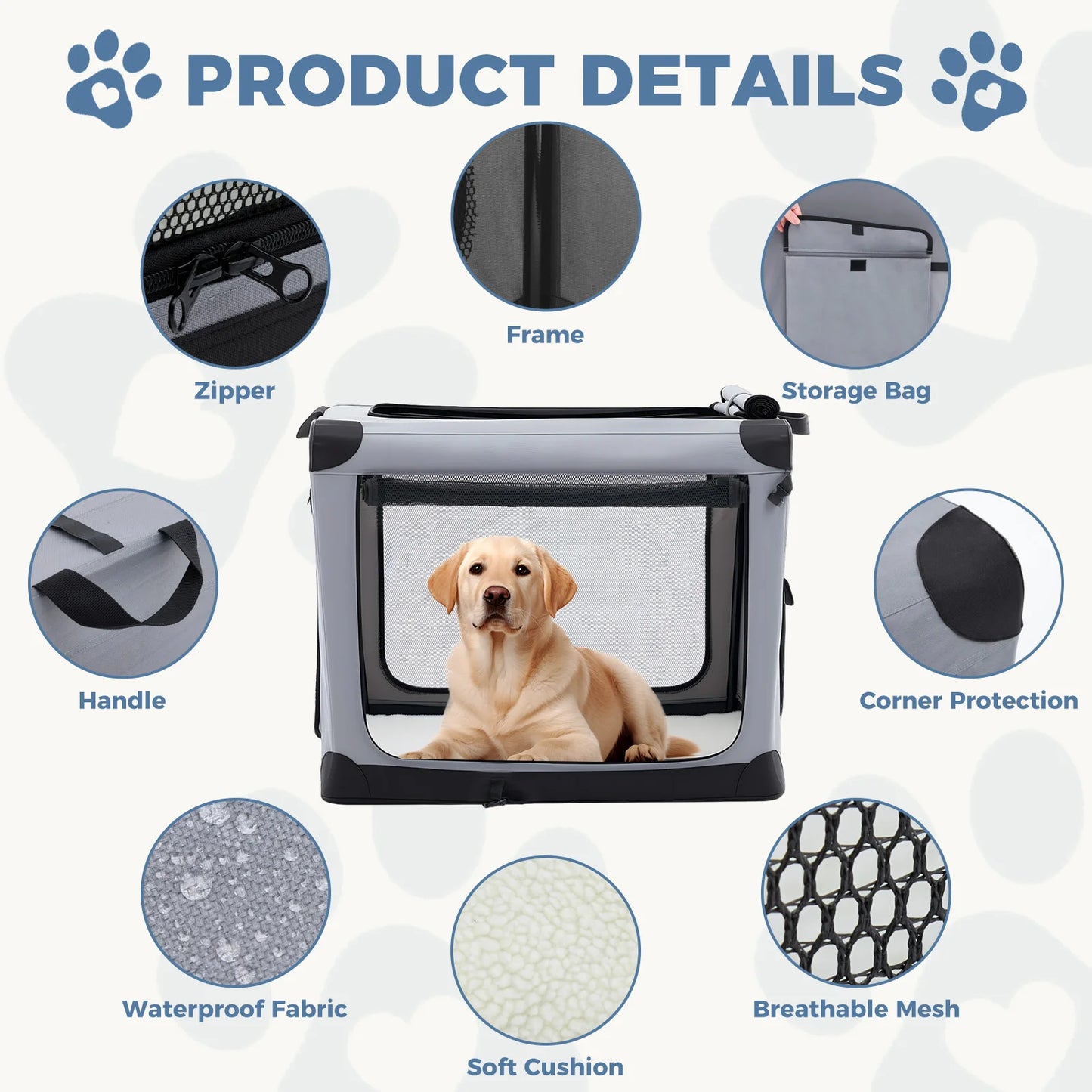 JHK Foldable Soft Dog Crate With 3 Doors