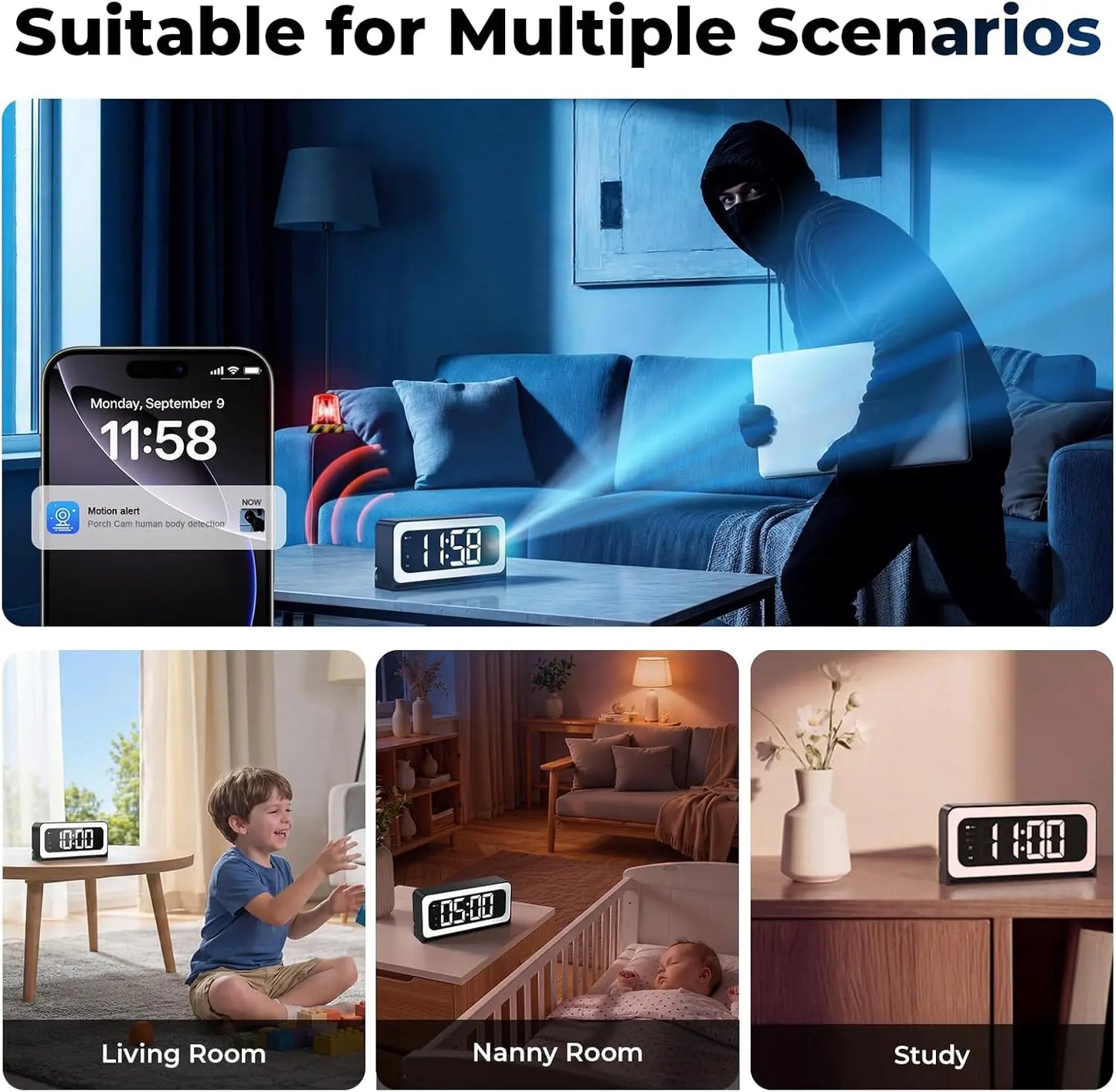 WESECUU 2K Smart Clock Camera Indoor WiFi Nanny Camera