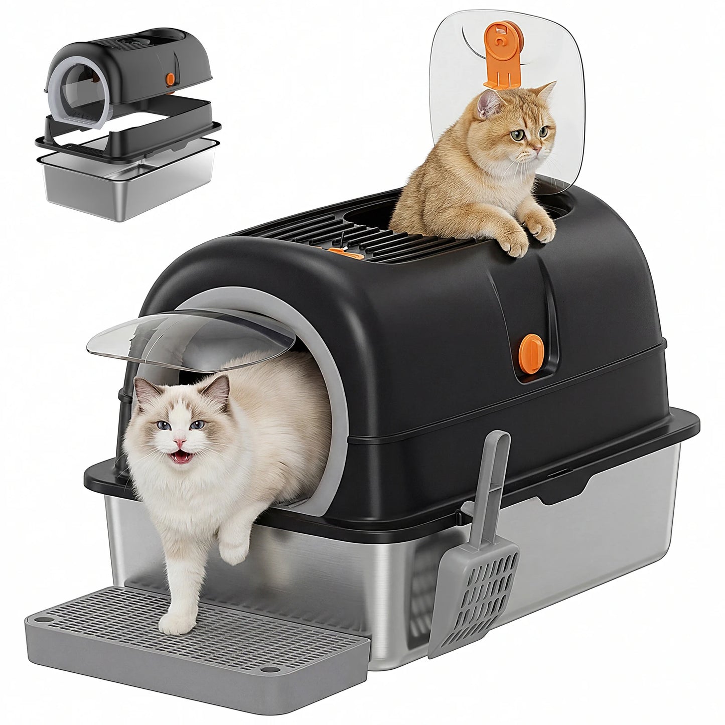 Stainless Steel Enclosed Cat Litter Box With Mat And Scoop