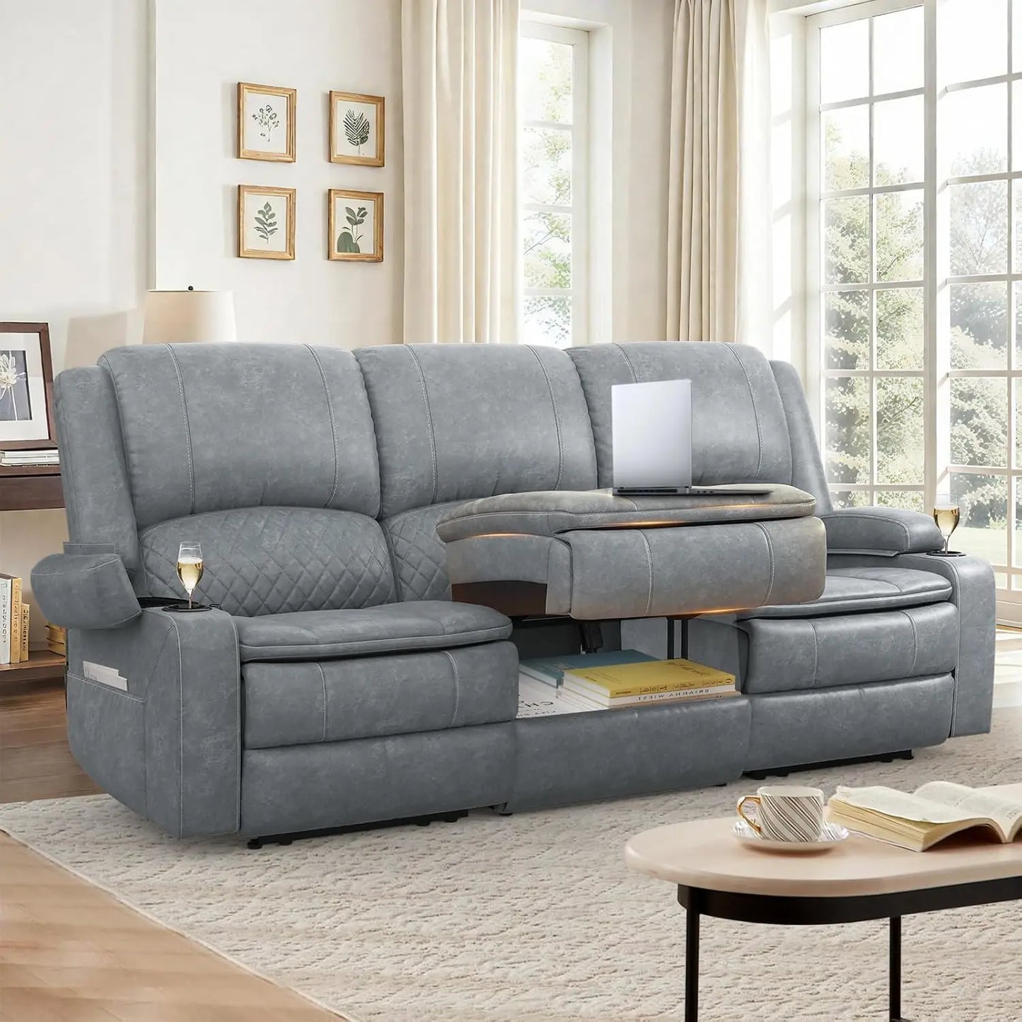 Three Seat PU Leather Recliner Sofa With Console And USB Ports