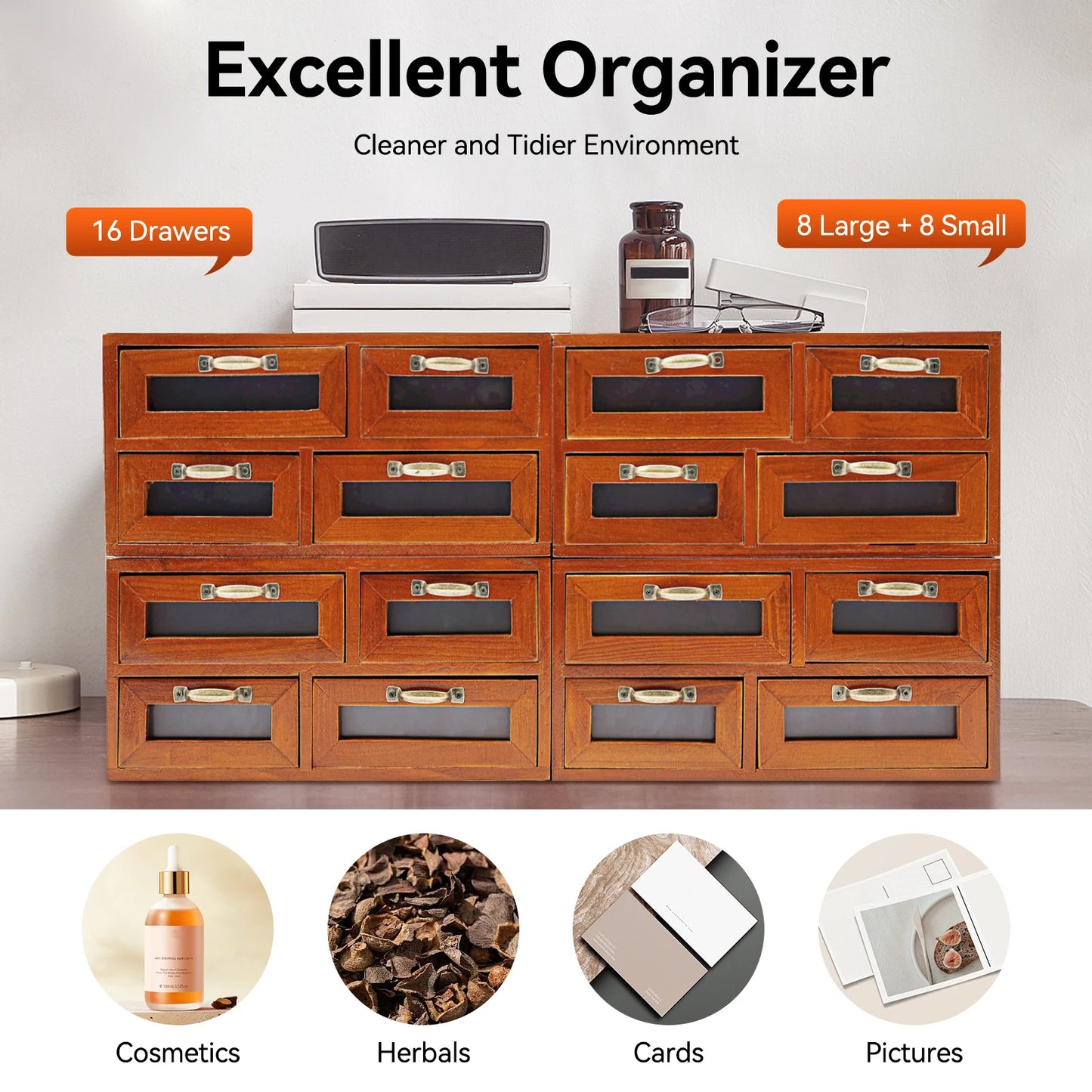 Walnut Wood 16 Drawer Desktop Storage Organizer With Label Holders