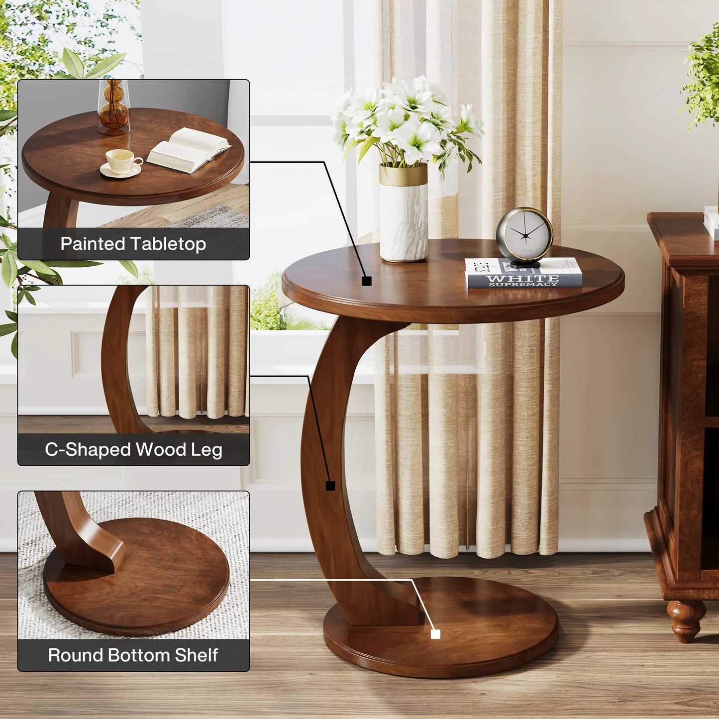 Tribesigns Round End Table C Shaped Wood Side Table