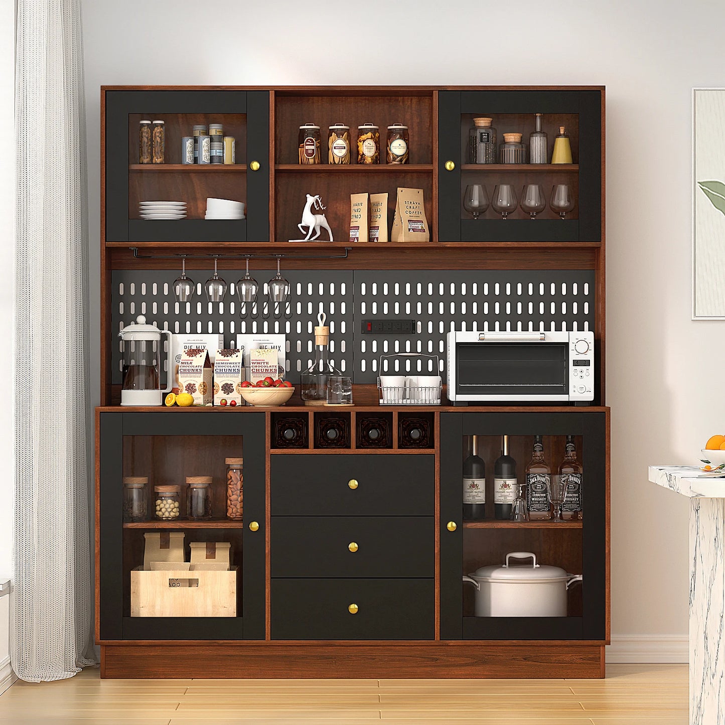 VOWNER Pantry Cabinet With Pegboard Cup Holder And Power Outlet