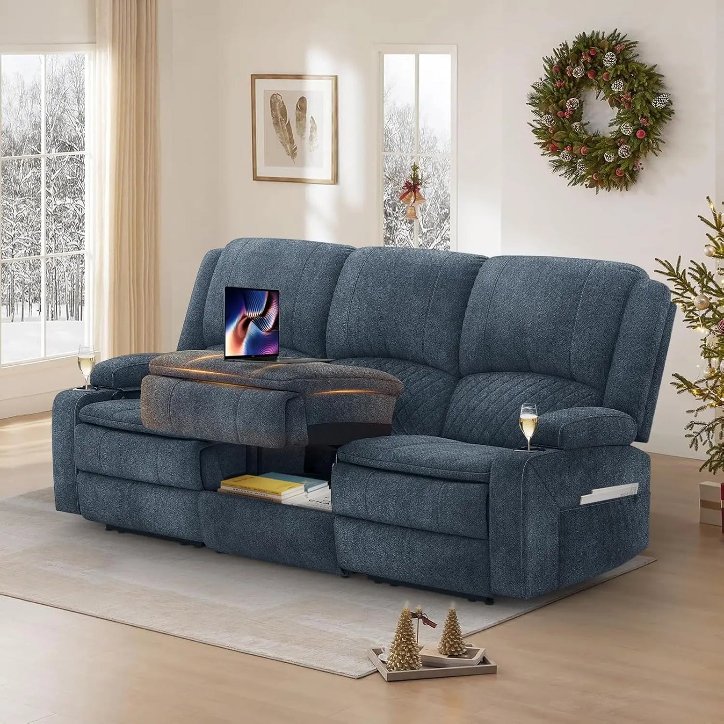 Three Seat PU Leather Recliner Sofa With Console And USB Ports