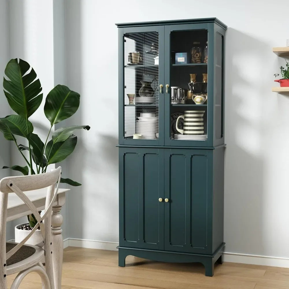 Freestanding Kitchen Pantry Cabinet With Glass Doors And Adjustable Shelves