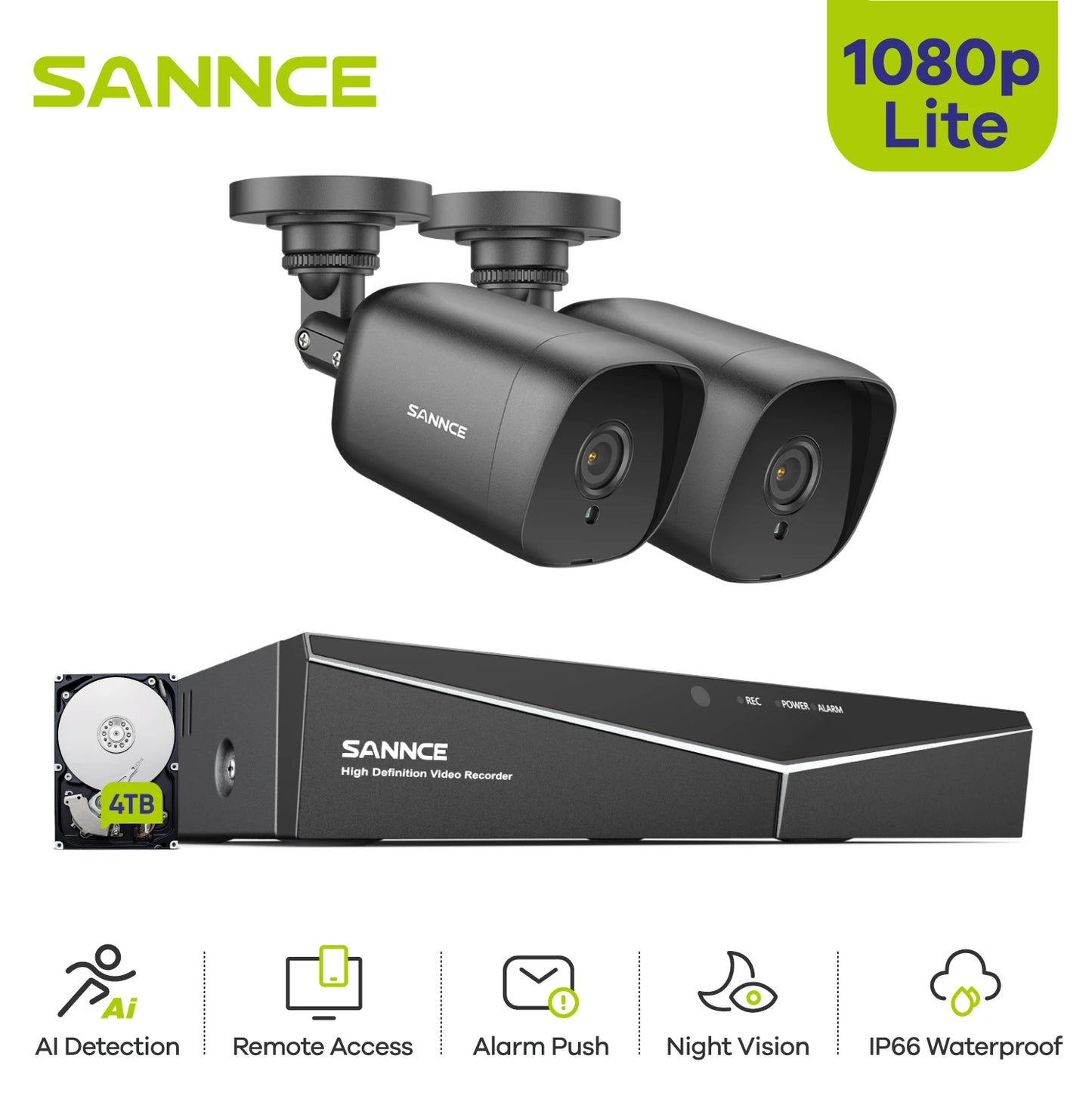 SANNCE 4CH DVR CCTV System With 2MP IR Outdoor Cameras