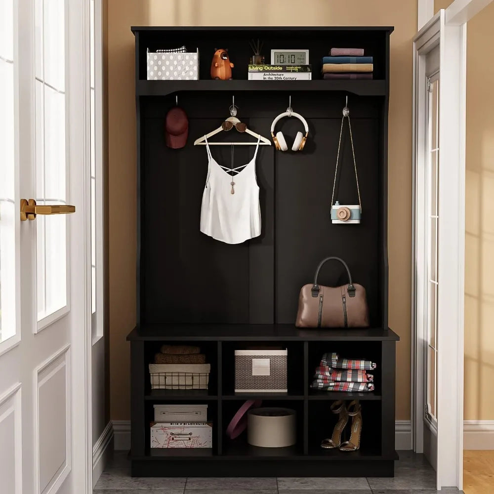 Modern Entryway Storage Bench With Coat Rack Metal Hooks Shelves
