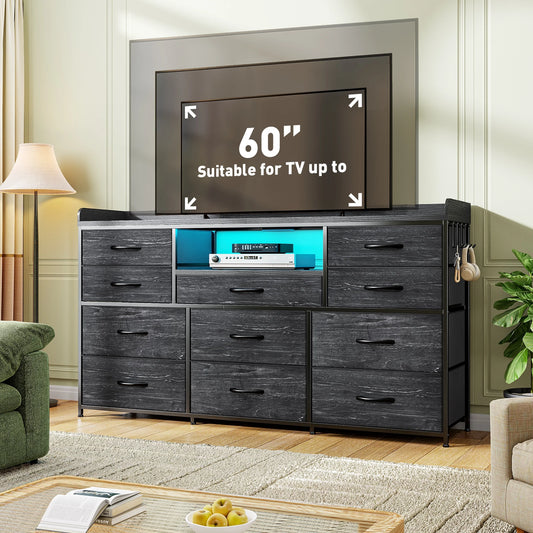 11-Drawer Dresser And TV Stand With LED Lights And Shelves