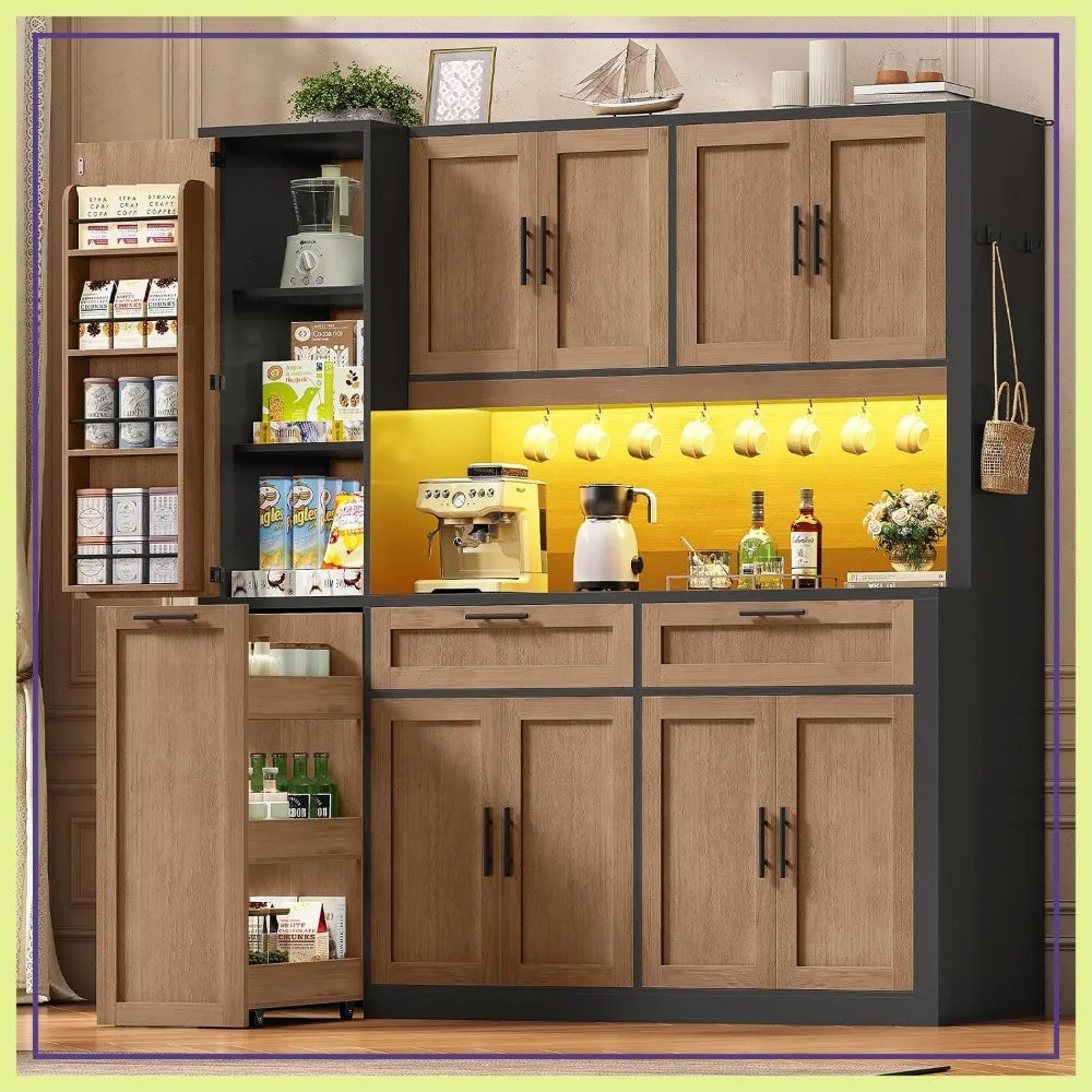 Kitchen Pantry Cabinet With Microwave Stand And Charging Station And LED Light