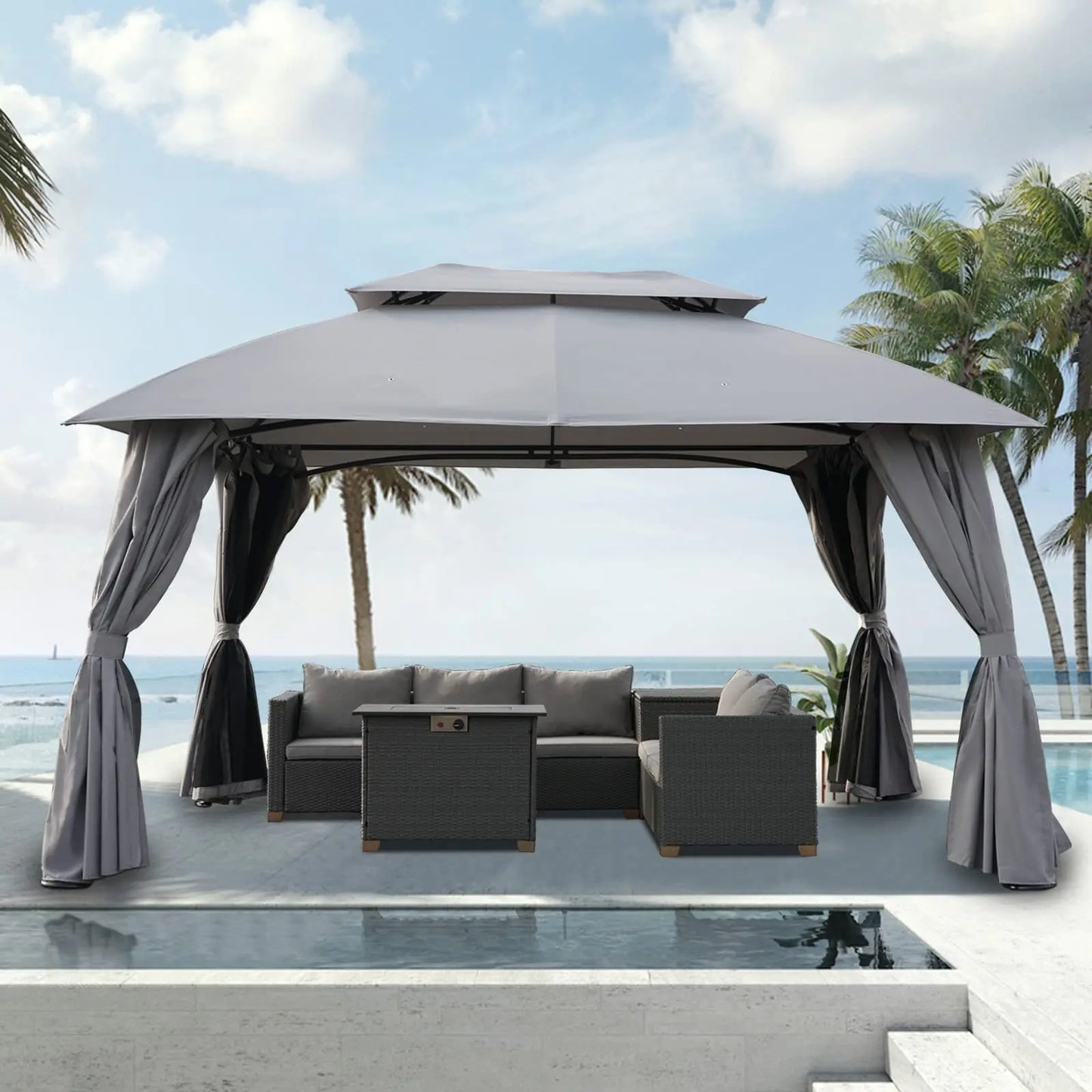 Gazebo For Patio With Double Vent Canopy, Privacy Curtains, Netting