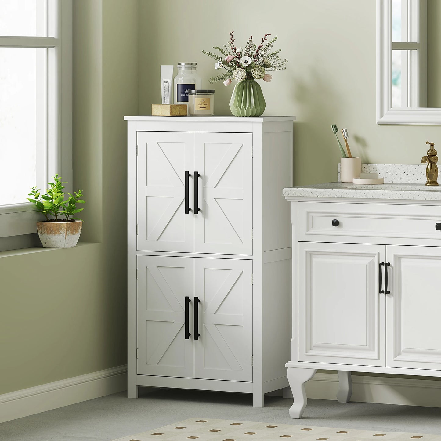 HOMCOM Bathroom Floor Cabinet With Barn Doors And Adjustable Shelf
