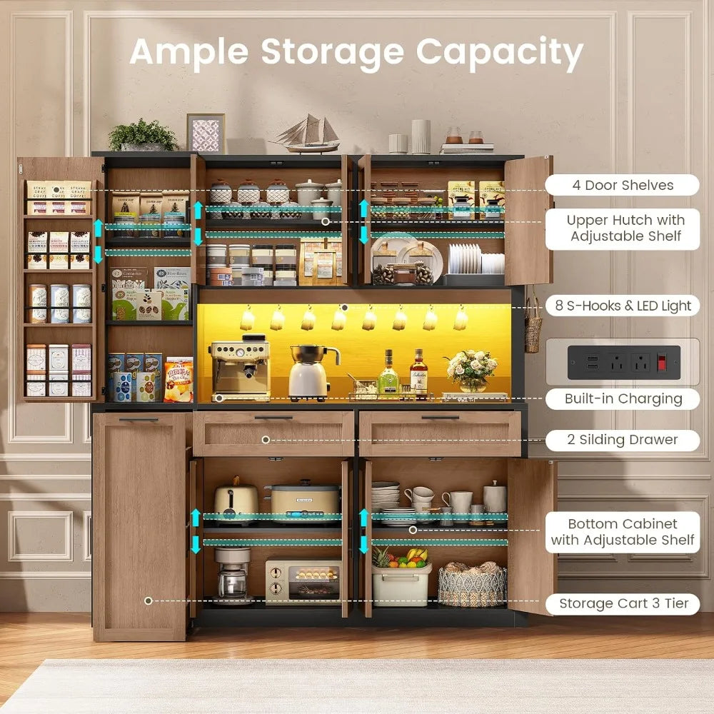 Kitchen Pantry Cabinet With Microwave Stand And Charging Station And LED Light