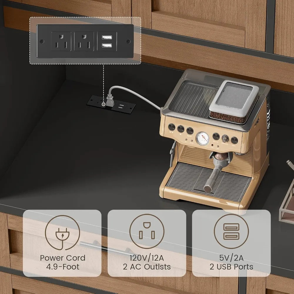 Kitchen Pantry Cabinet With Microwave Stand And Charging Station And LED Light