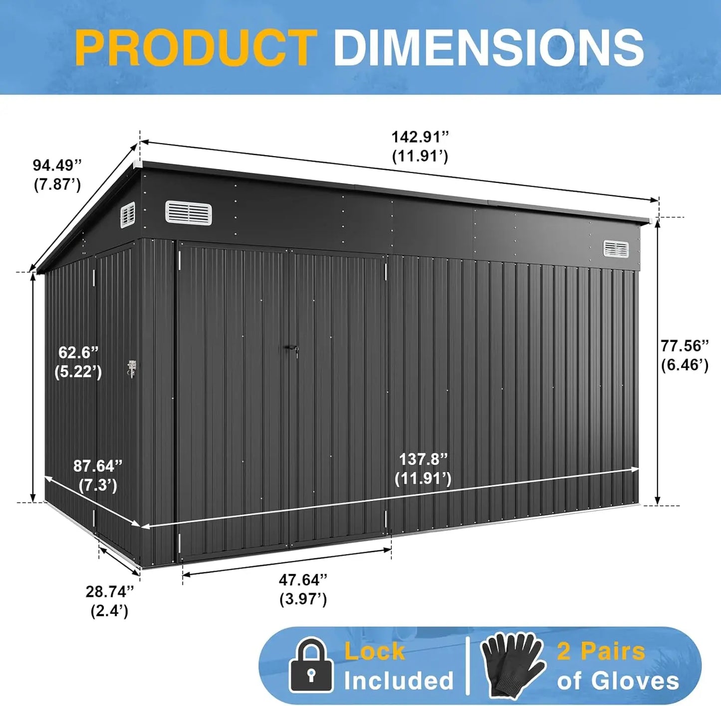 Outdoor Lean To Shed With Triple Doors Galvanized Steel Storage