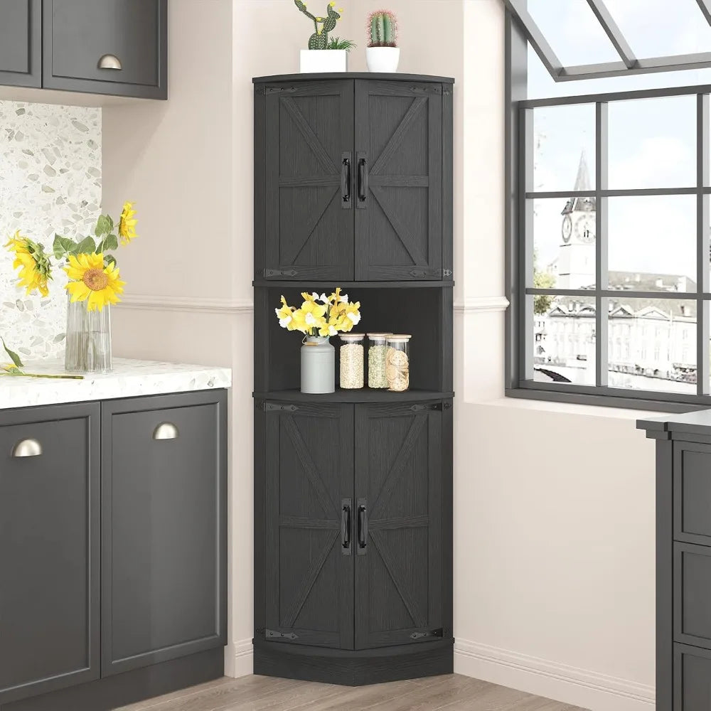 Farmhouse Corner Cabinet With Barn Door Four Doors Five Shelves