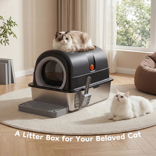 Stainless Steel Enclosed Cat Litter Box With Mat And Scoop