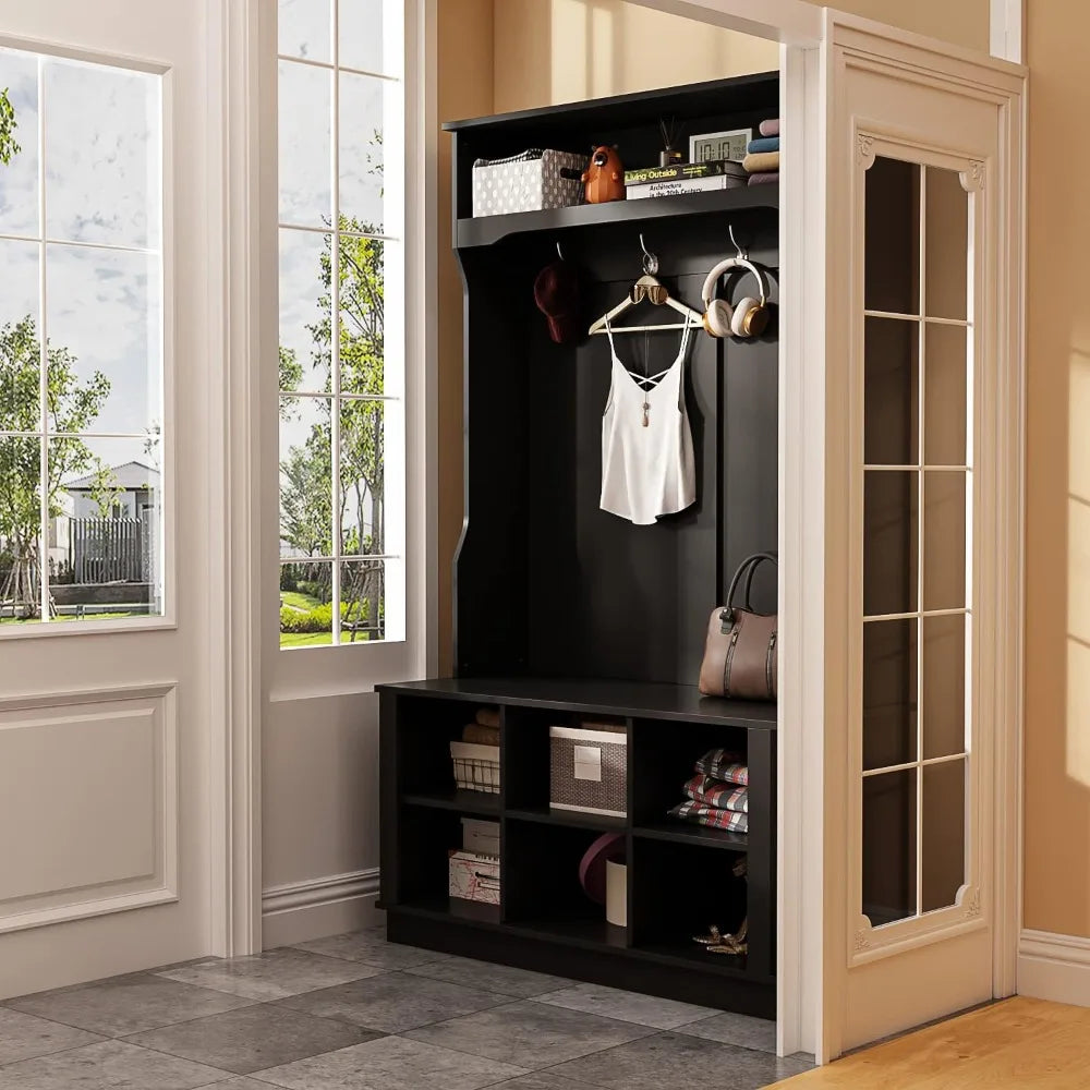Modern Entryway Storage Bench With Coat Rack Metal Hooks Shelves