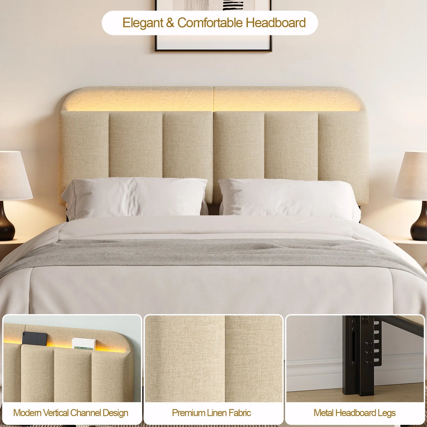 ONBRILL Adjustable Linen Headboard With Storage And RGB Lighting