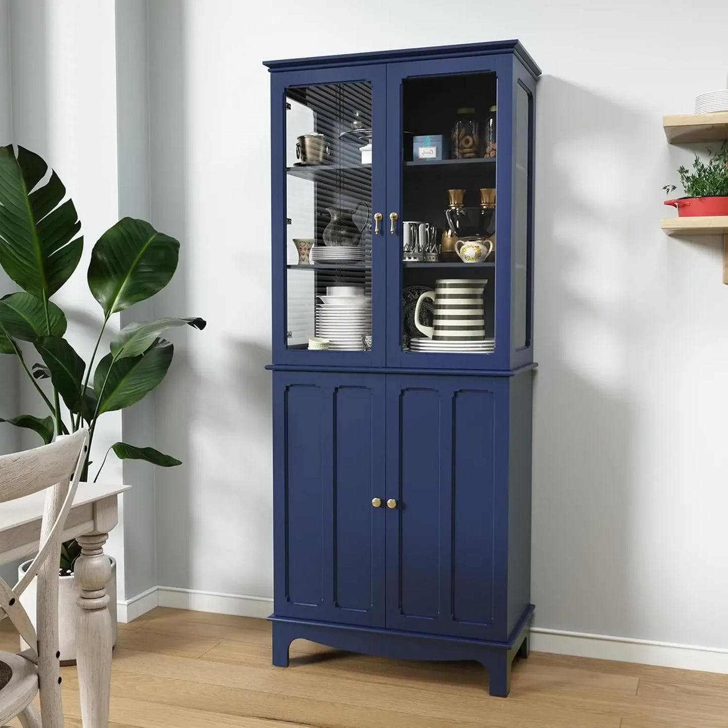 Freestanding Kitchen Pantry Cabinet With Glass Doors And Adjustable Shelves