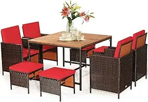 9 Piece Outdoor Patio Dining Set Rattan Chairs With Tempered Glass Table Ottoman