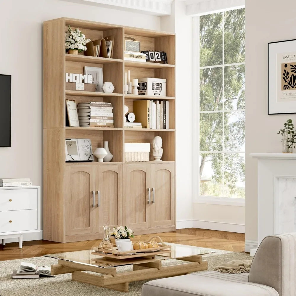 XIUWO Six Tier Double Wide Bookshelf With Doors And Storage Cabinets