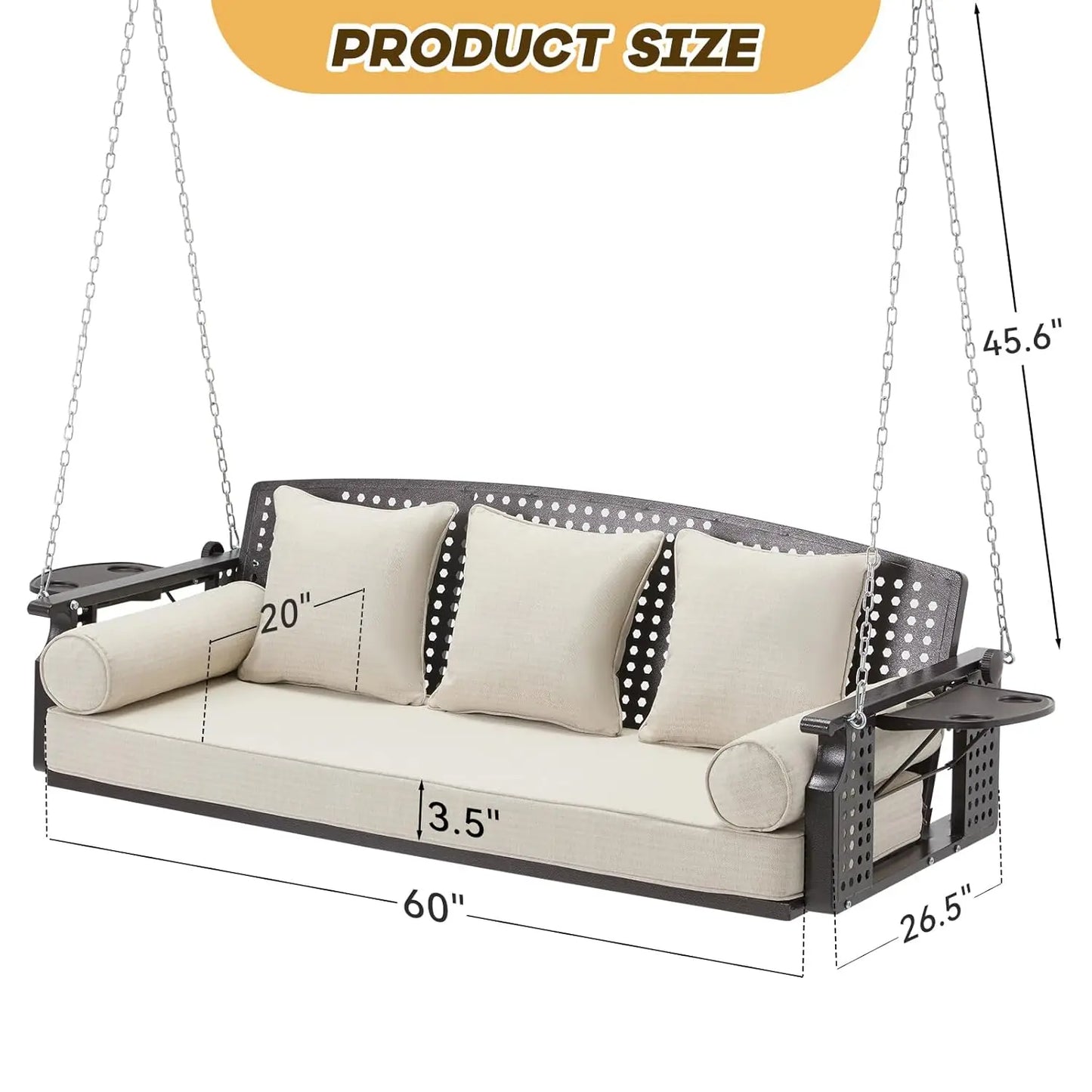 Outdoor Porch Swing Bench With Cup Holders And Back Cushions