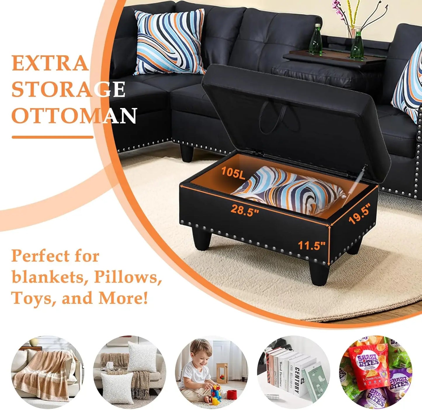 Sectional Sofa L-Shaped Set With Chaise Lounge And Ottoman Pillows