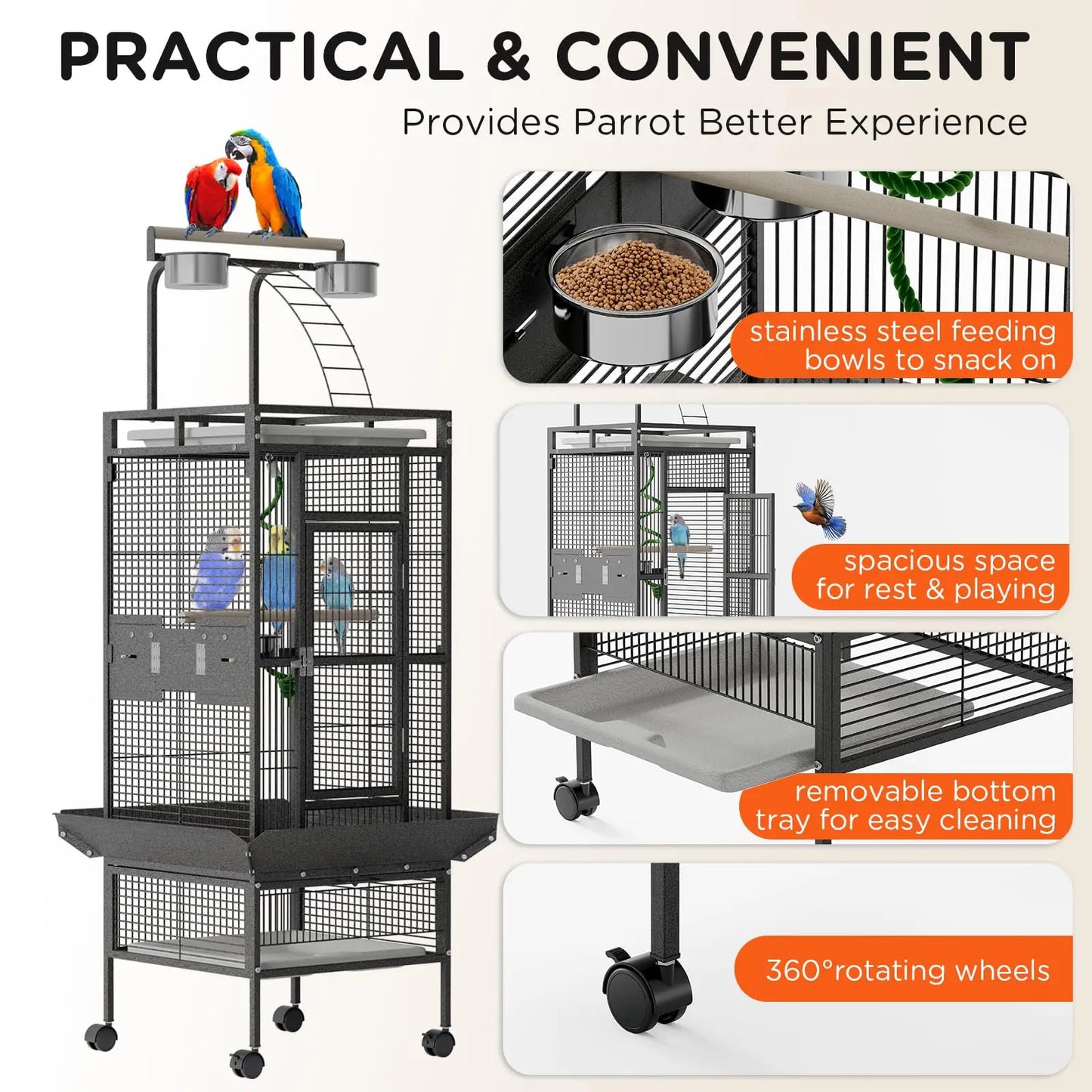 HiMISS Parrot Cage With Play Top Rolling Stand For Birds