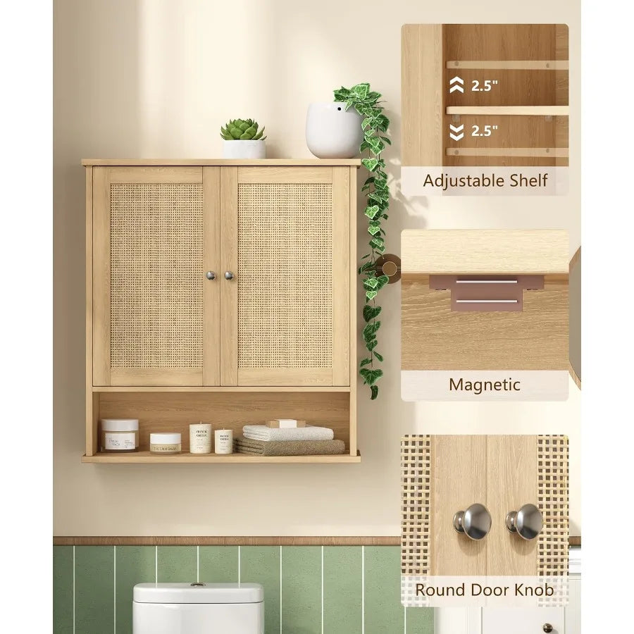 XIUWO Bathroom Wall Cabinet With Adjustable Shelves And Rattan Doors