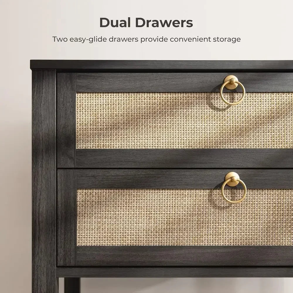 Pair Of Rattan Nightstands With Drawer And Open Shelf