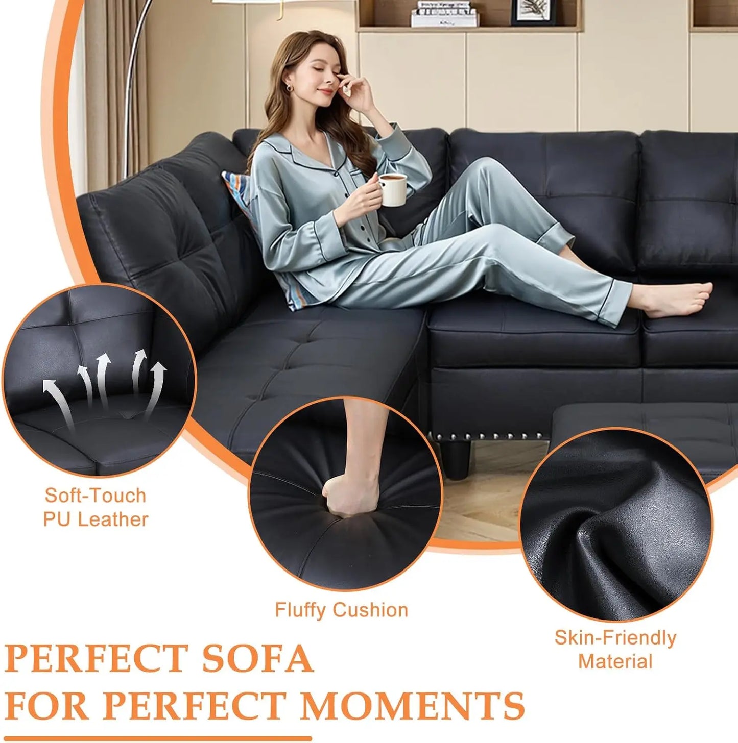 Sectional Sofa L-Shaped Set With Chaise Lounge And Ottoman Pillows