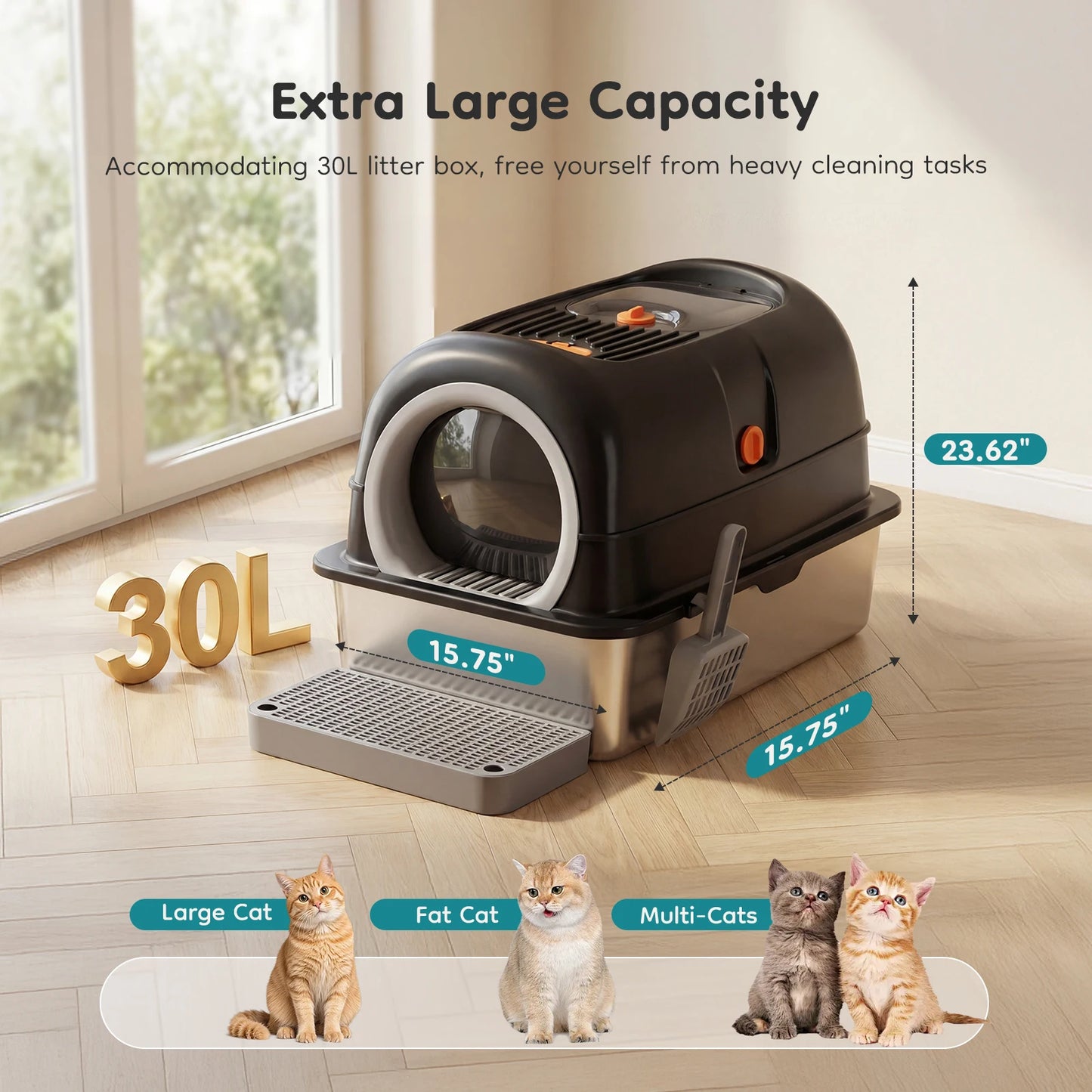 Stainless Steel Enclosed Cat Litter Box With Mat And Scoop