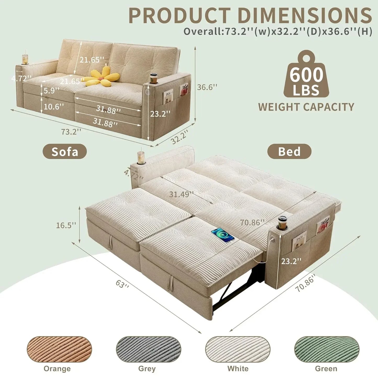 GUANGBAI Modern Sofa Bed Loveseat Sleeper With USB Pockets
