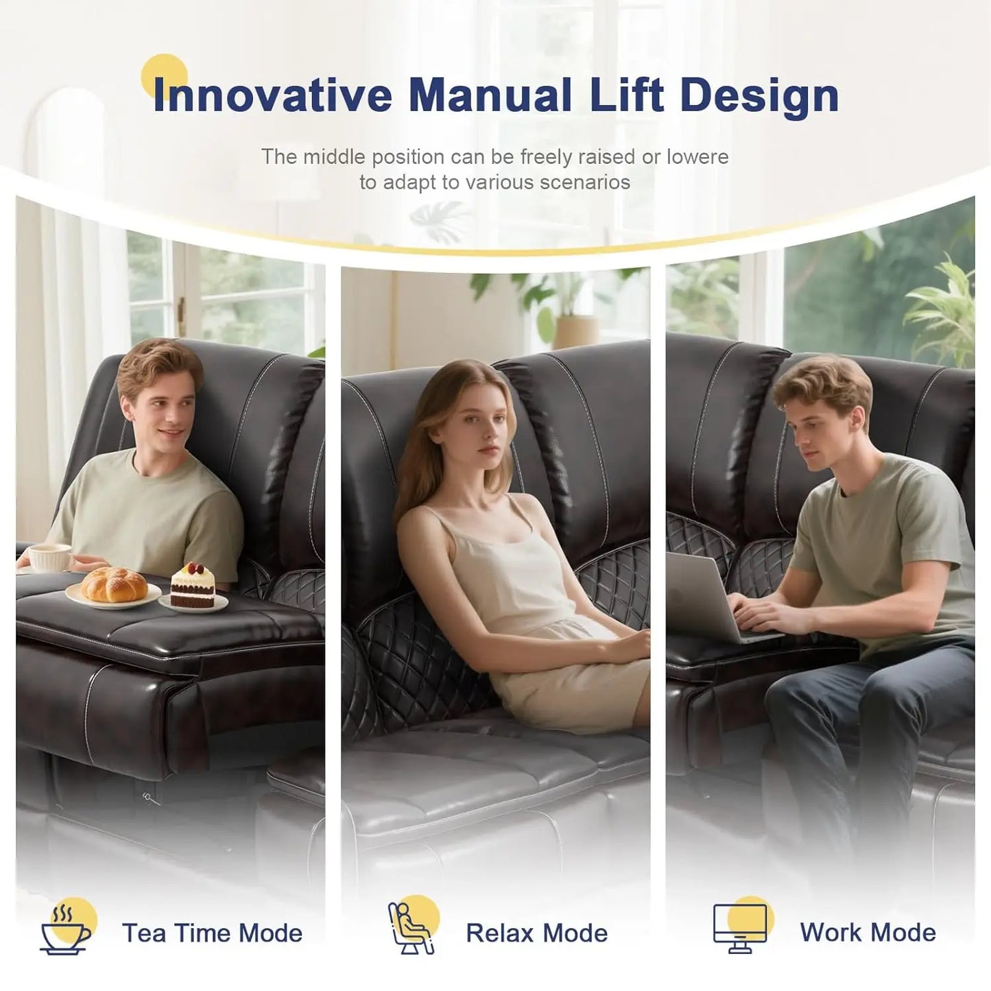 Three Seat PU Leather Recliner Sofa With Console And USB Ports