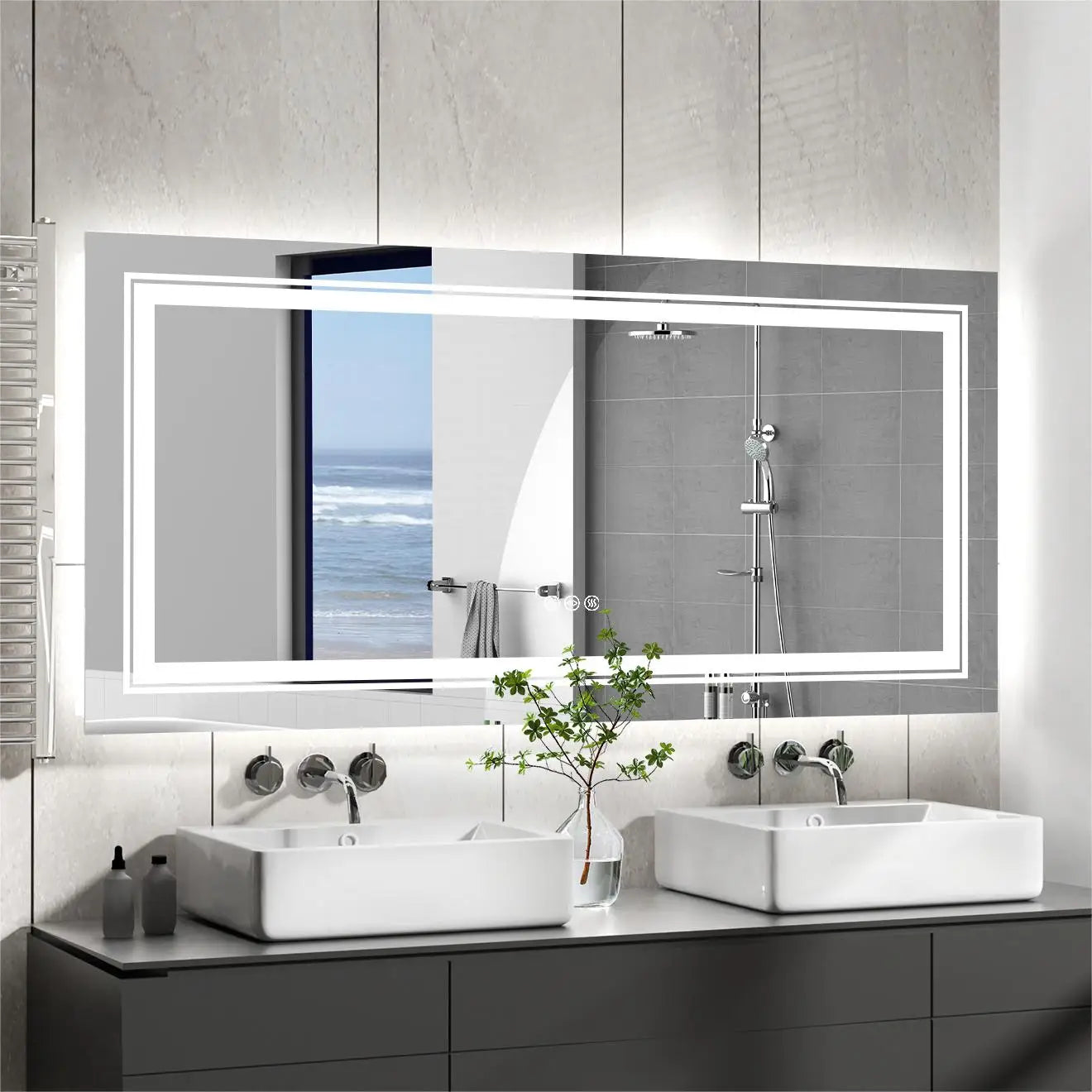 LED Bathroom Mirror With Front And Backlit Lights Wall Mounted Anti Fog