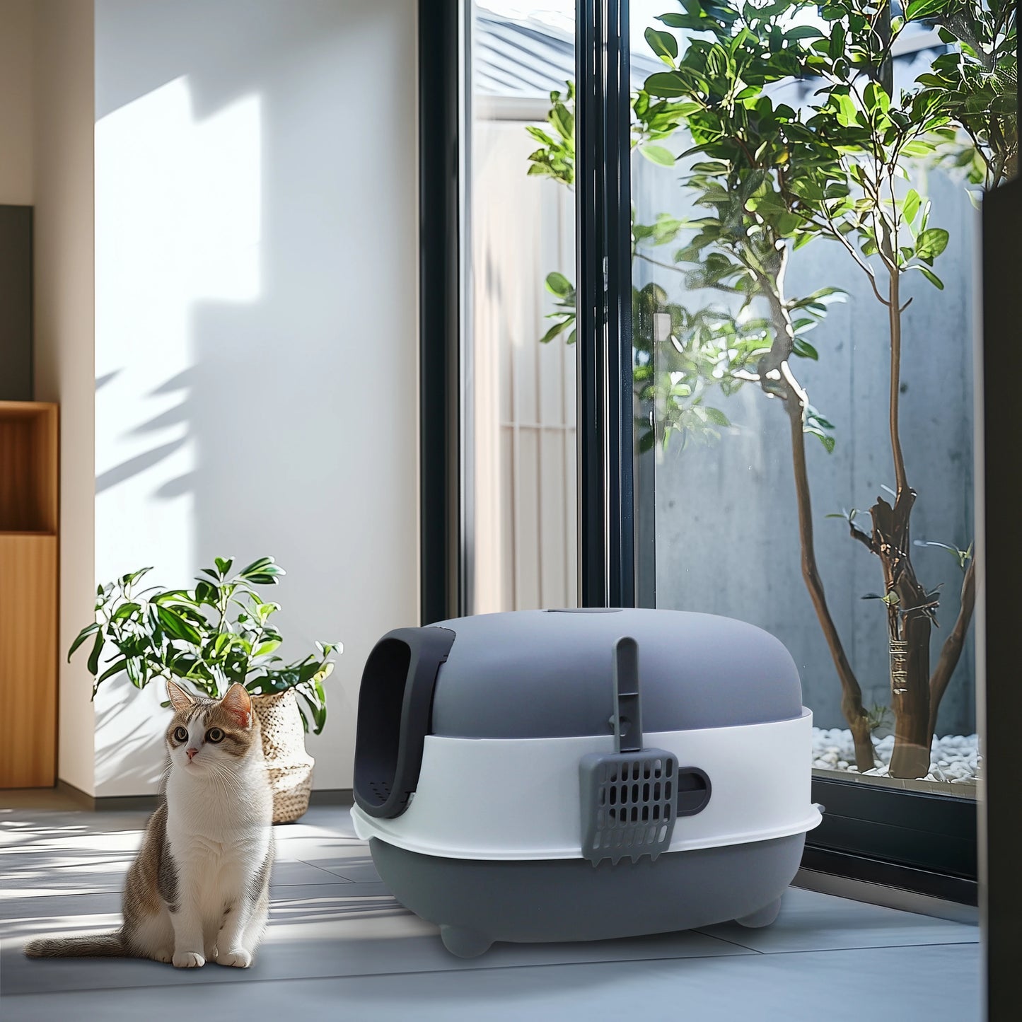 Enclosed Hooded Cat Litter Box With Front Entry And Scoop