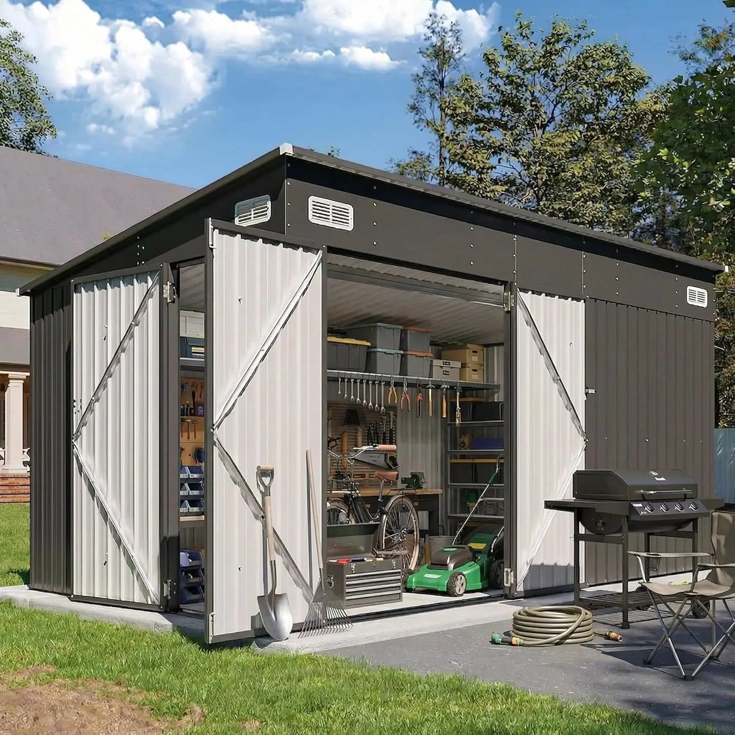Outdoor Lean To Shed With Triple Doors Galvanized Steel Storage
